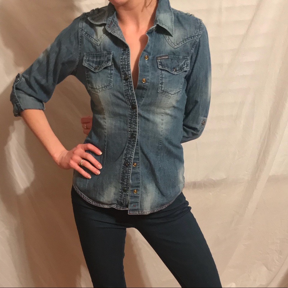 Unique jean button down with zipper in the back XS